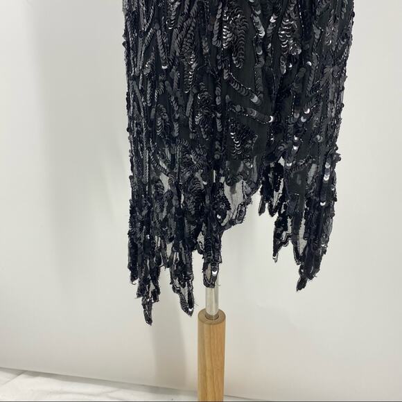 Vintage 80's black silk/bead/sequin midi shift dress shark tooth hem size Medium - Picture 5 of 13